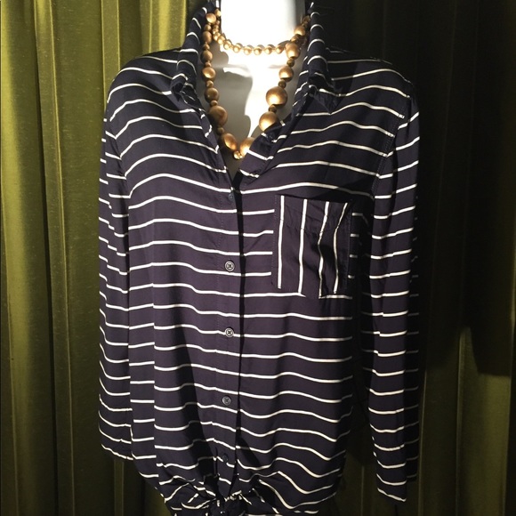 Anthropologie beachlunchlounge navy blue white stripe shirt blouse L - Picture 2 of 7